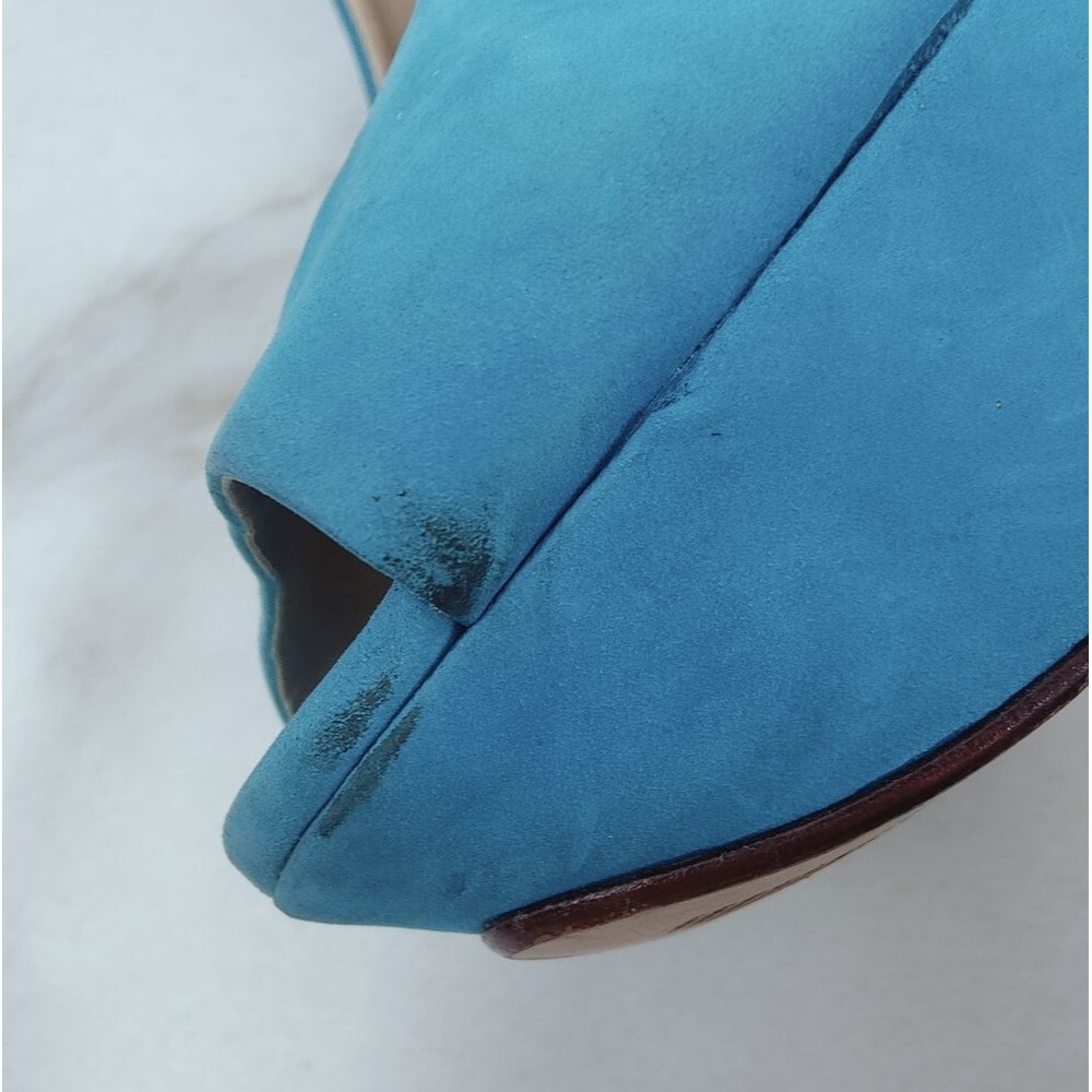 Schutz Turquoise Leather Textile Y2K Style Chunky Platform Peep Toe Heels, 7 - Picture 14 of 15